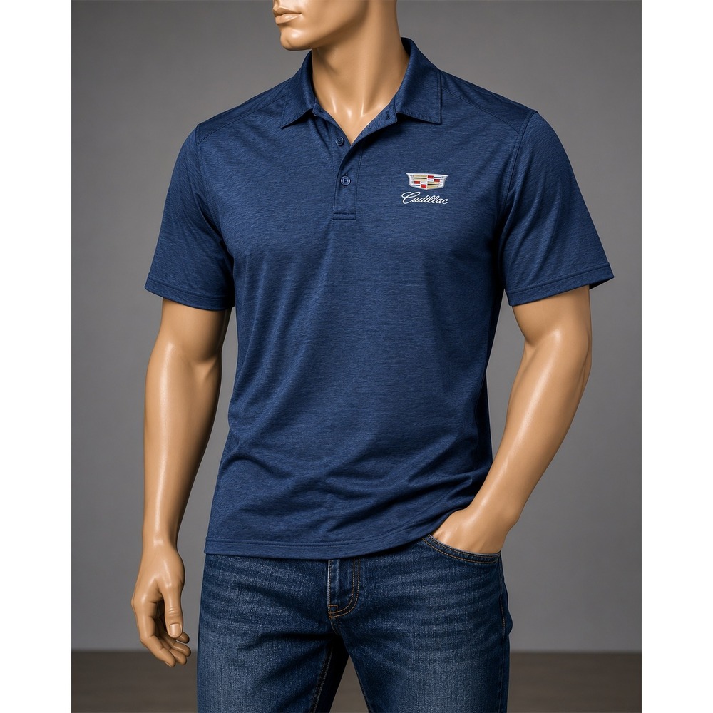 Cadillac Mens Performance Polo Shirt Navy Blue Heathered‎ Logo Golf Top Large